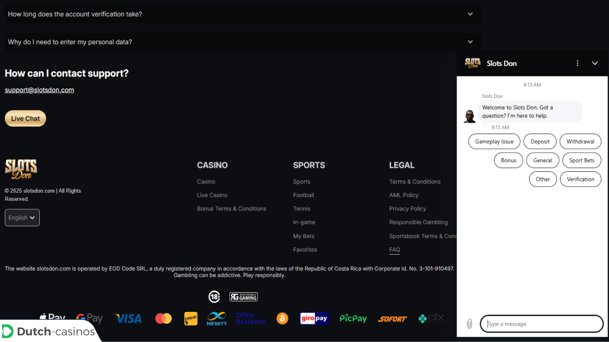 Slots Don Klantenservice van het casino
