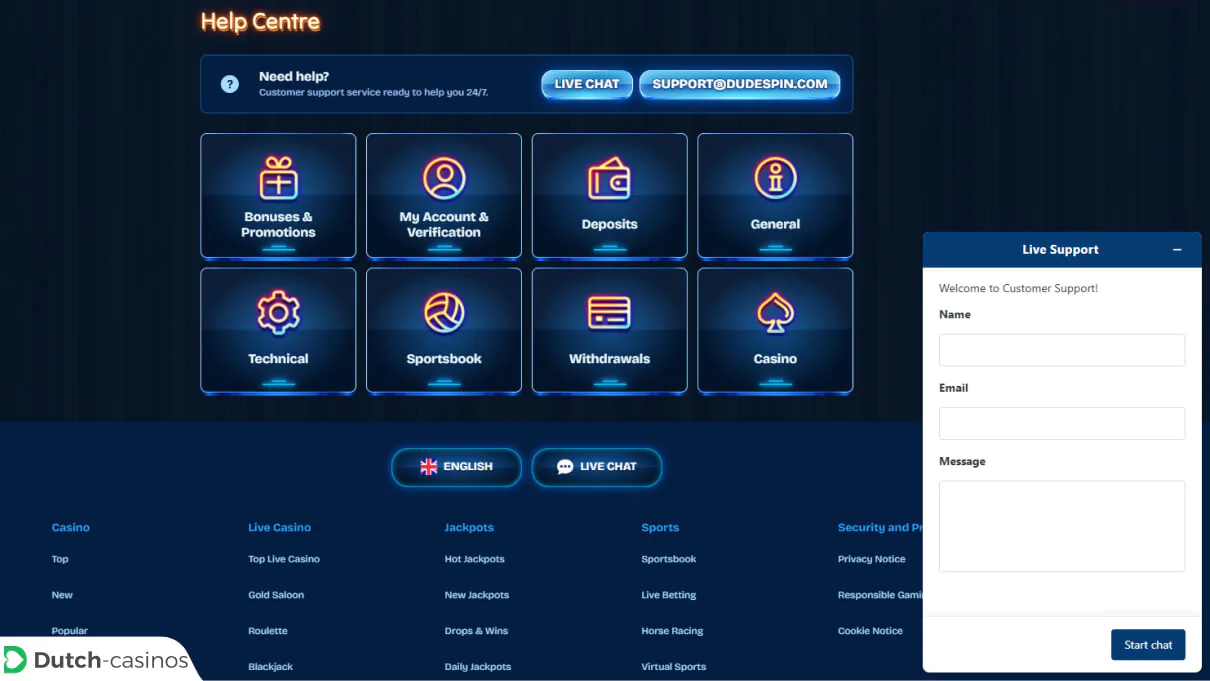 Dudespin Klantenservice van het casino